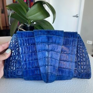 Royal blue crocodile skin clutch